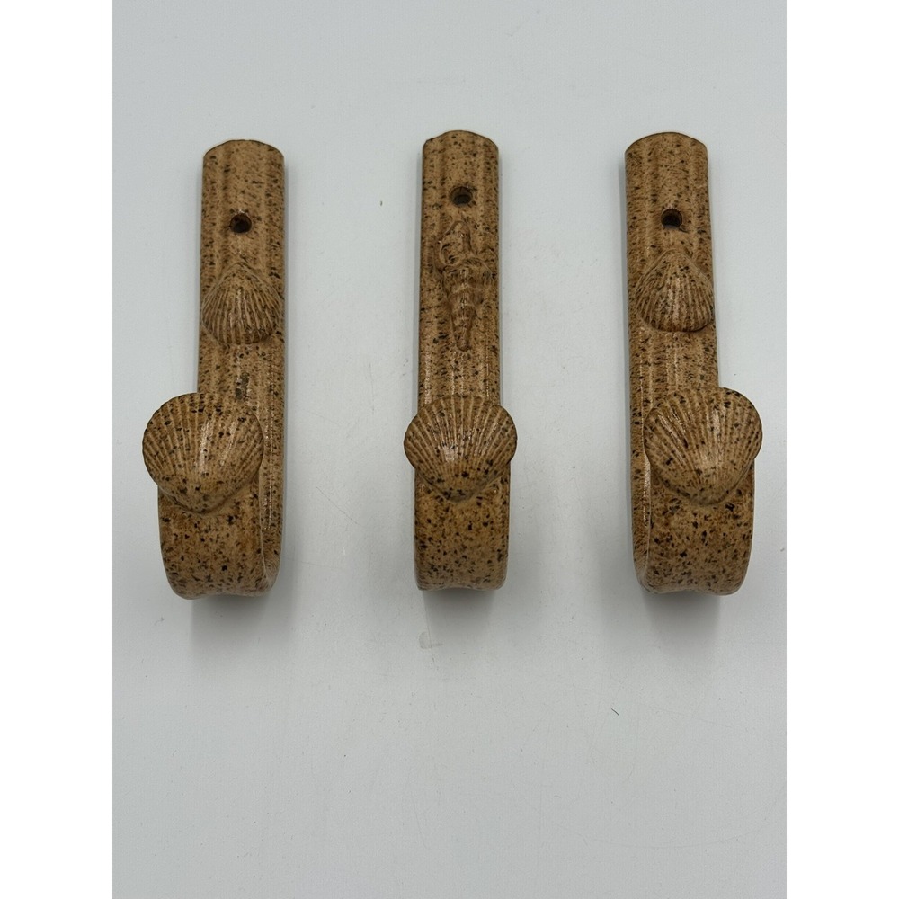 Set of 3 Sand/Ceramic Shell Wall Hooks Coastal Pottery Glazed, Rustic Beach
